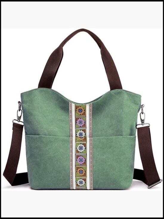 SILKAREA Embroidered Canvas Large Tote Bag Multi Pocket  Canvas Large Tote Bag Embroidered Shoulder Crossbody Multi Pocket Hobo Purse